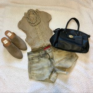 Forever 21 Khaki Cap-Sleeve Button Up Sheer Blouse